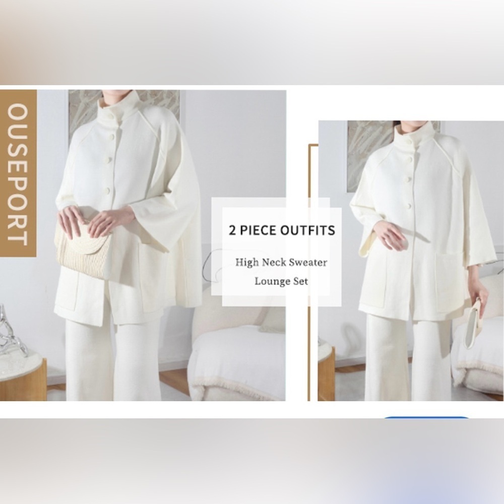 2 piece Cream High Neck knit Sweater Lounge Set